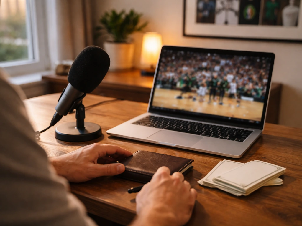Anonymous sports analyst desk with microphone, laptop sports footage, and wallet symbolizing net worth research.