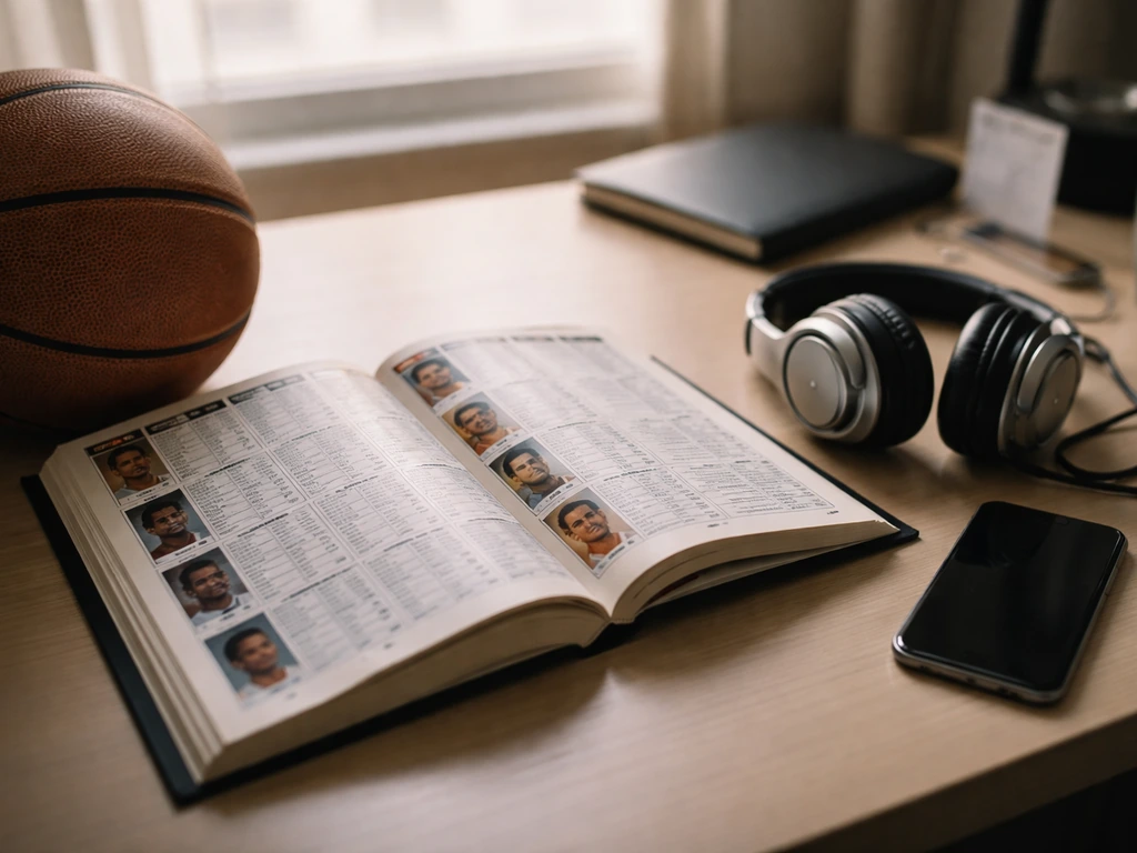 Minimal office desk scene with a basketball and sports media items, symbolizing verified NBA career income context.
