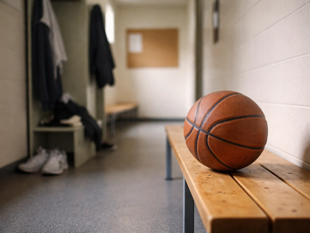 Basketball tucked into a locker alongside sports gear in a modest European-style gym hallway