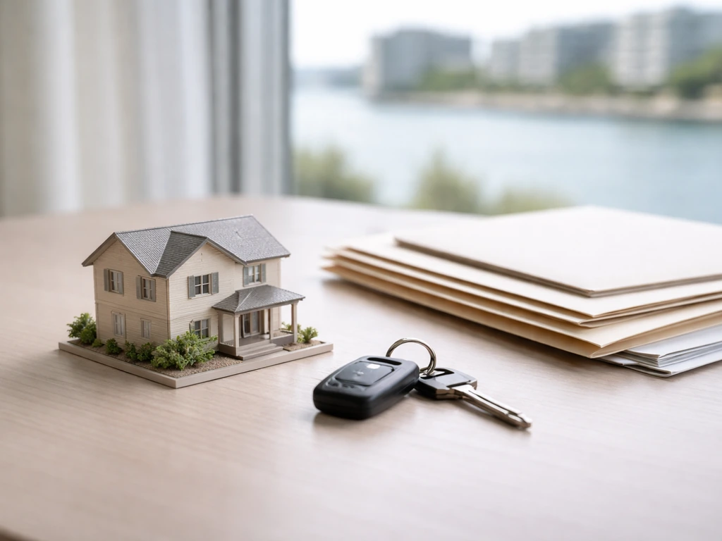 Minimal desk scene with a property model, car keys, and a few documents suggesting assets and liabilities.