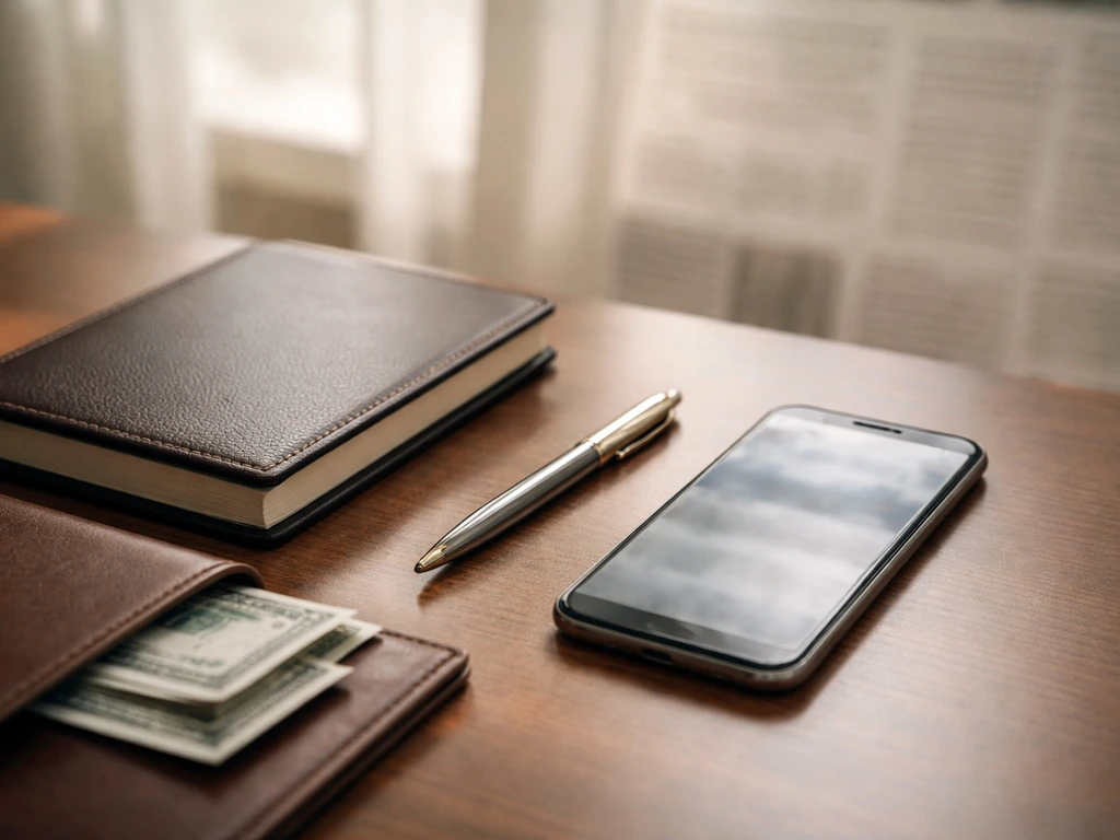 Minimal office desk scene with phone and subtle blurred finance media vibe, symbolizing a $1.5M net worth figure.