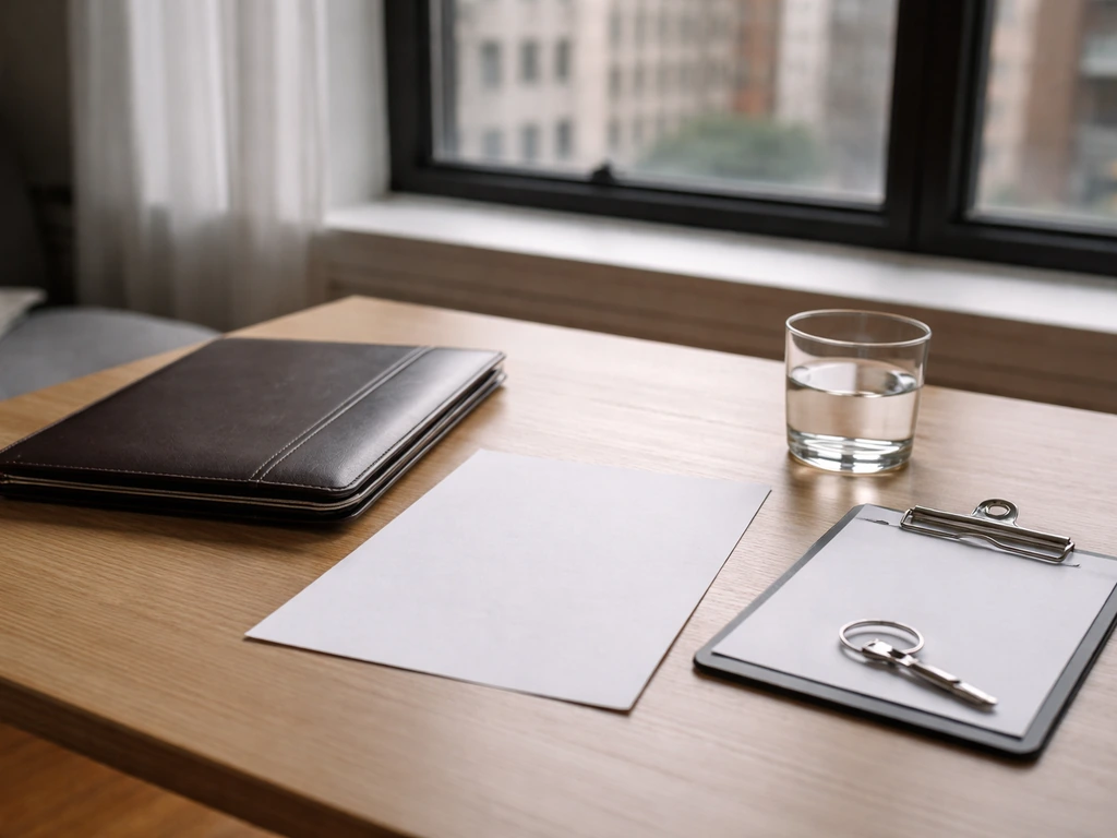 Minimal desk scene with a closed portfolio, blank paper, clipboard, and keyring by a window.