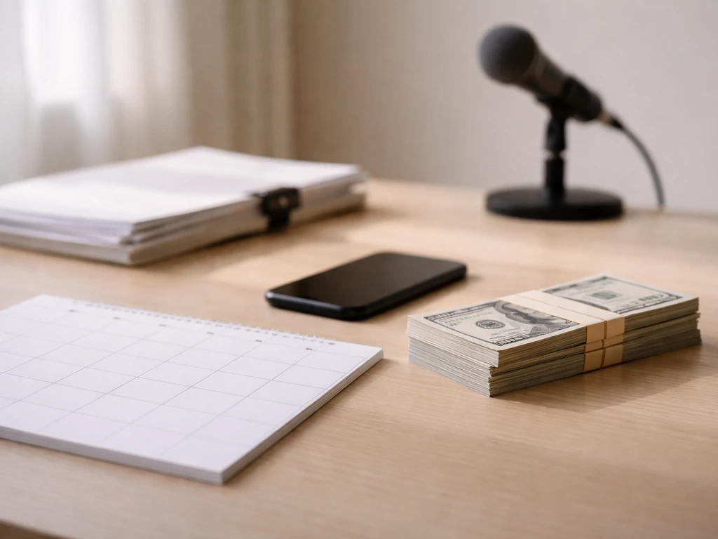 Desk with microphone, calendar page, and payment props symbolizing career milestones and wealth over time