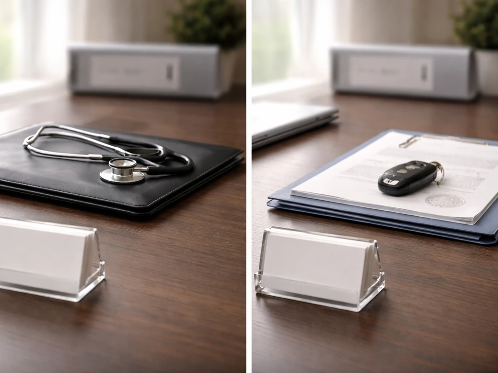 Split-screen style photo of a healthcare executive’s office desk with documents and a stethoscope, no text.