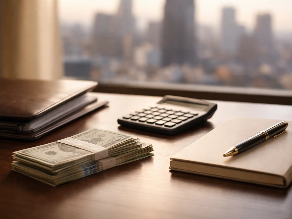 Minimal office desk with scattered cash and a calculator symbolizing long-term executive compensation