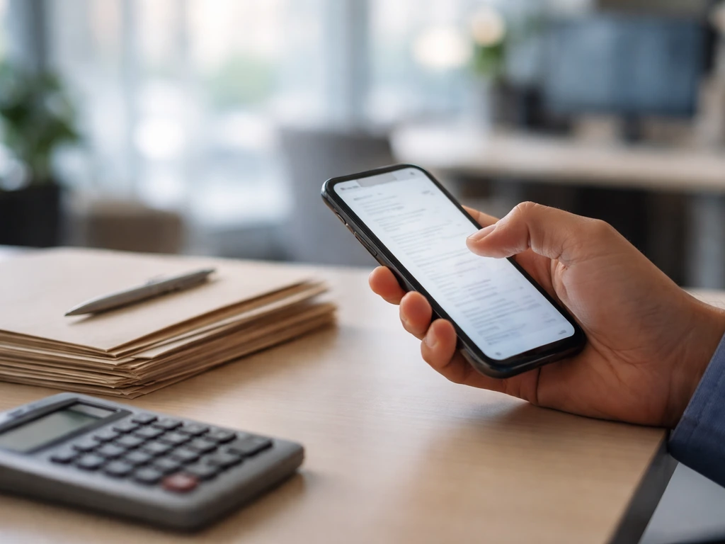 Hand holding a phone with a web-search screen concept, beside folders and a calculator on a desk