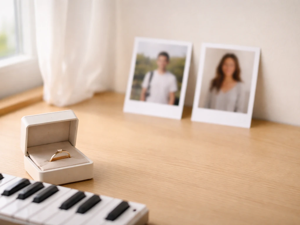 Two blurred, unlabeled memory-card style photos on a desk beside a jeweled ring and a small music keyboard, suggesting t