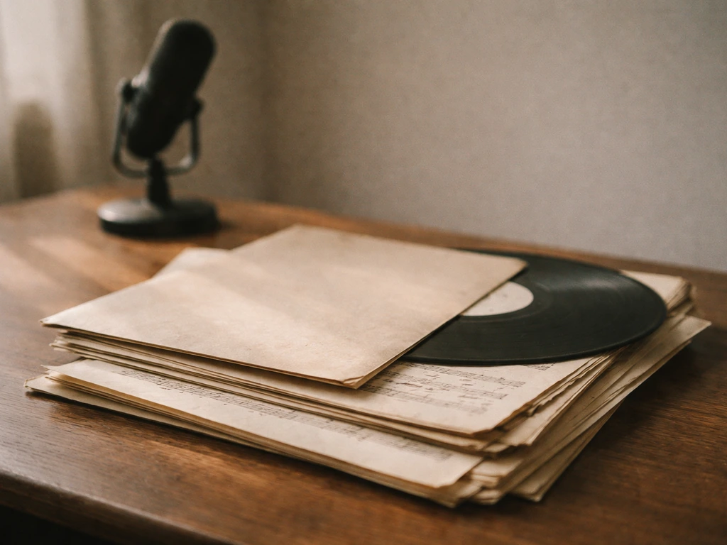 Vintage record sleeve and sheet music on a desk with a studio microphone softly blurred behind.