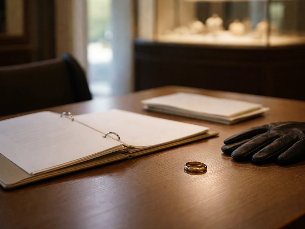 Close-up of a jewelry showroom desk with documents and a single gold ring under soft daylight
