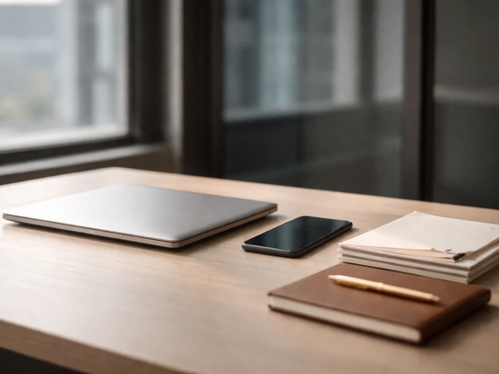 Minimal photo of an office desk with a smartphone, documents, and a closed laptop hinting at business net worth research