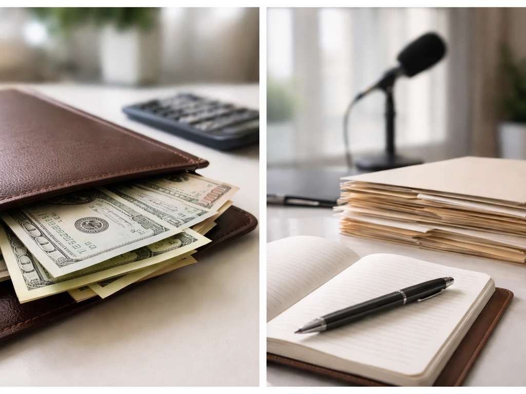 Minimal two-panel-style scene showing money and business analysis with reflective cash and blurred documents.