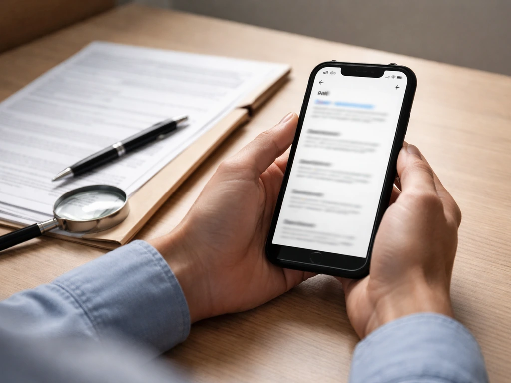 Close-up of a smartphone and printed forms on a desk while searching official records.