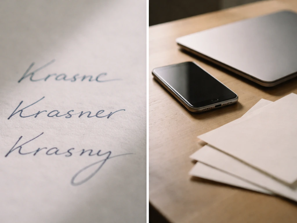 Split-screen of blurred search results and similar names on paper, showing confusion without any real person