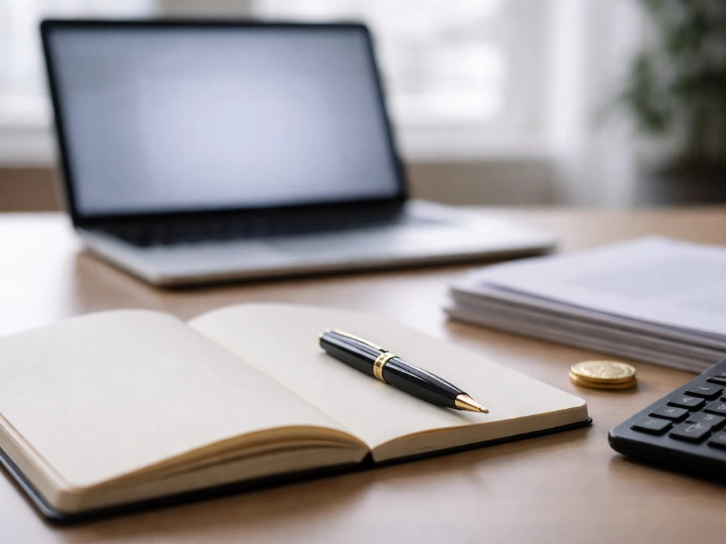 Minimal office desk with documents, calculator, pen, and coin suggesting financial comparison without text.