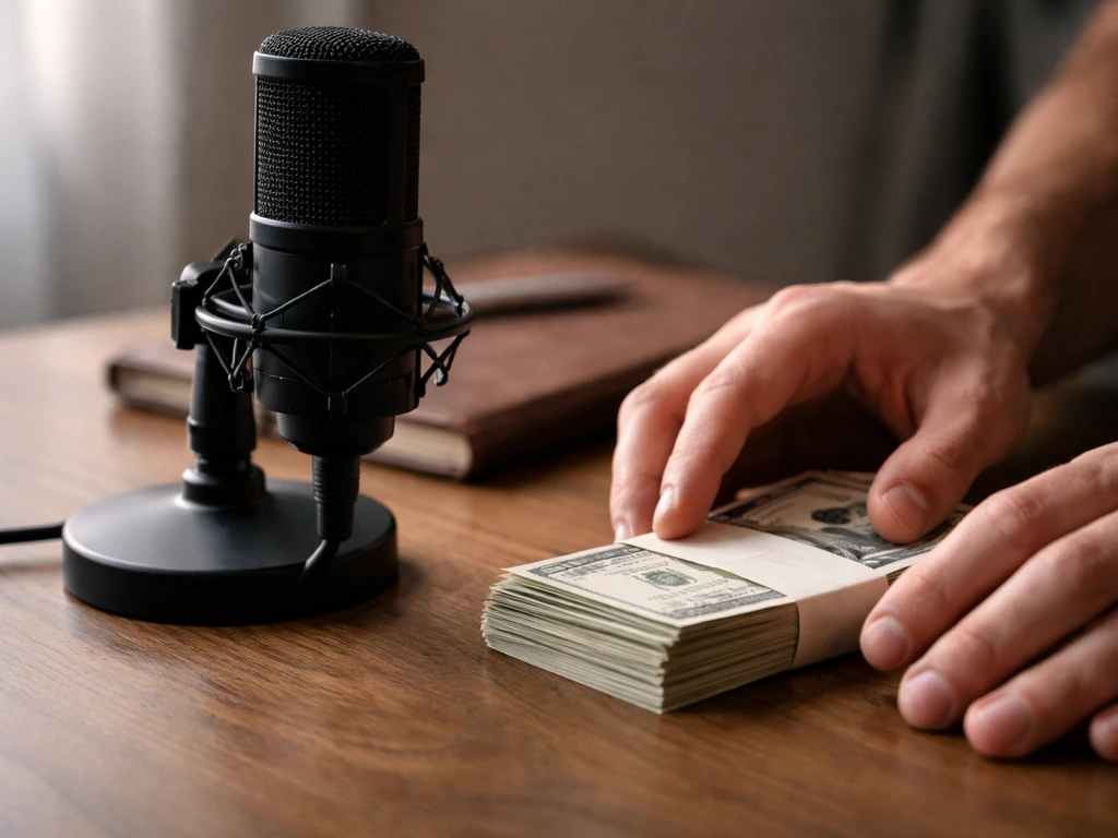 Minimal photo of a person’s hand holding cash near a studio microphone and notebook, symbolizing net worth estimation.