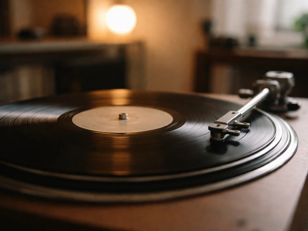 Close-up of a vintage vinyl record on a turntable, with a handwritten-style label area left blank.