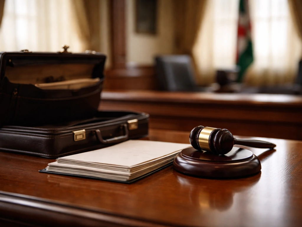 Courthouse-like office scene with a gavel and neatly arranged documents, symbolizing judicial career and assets