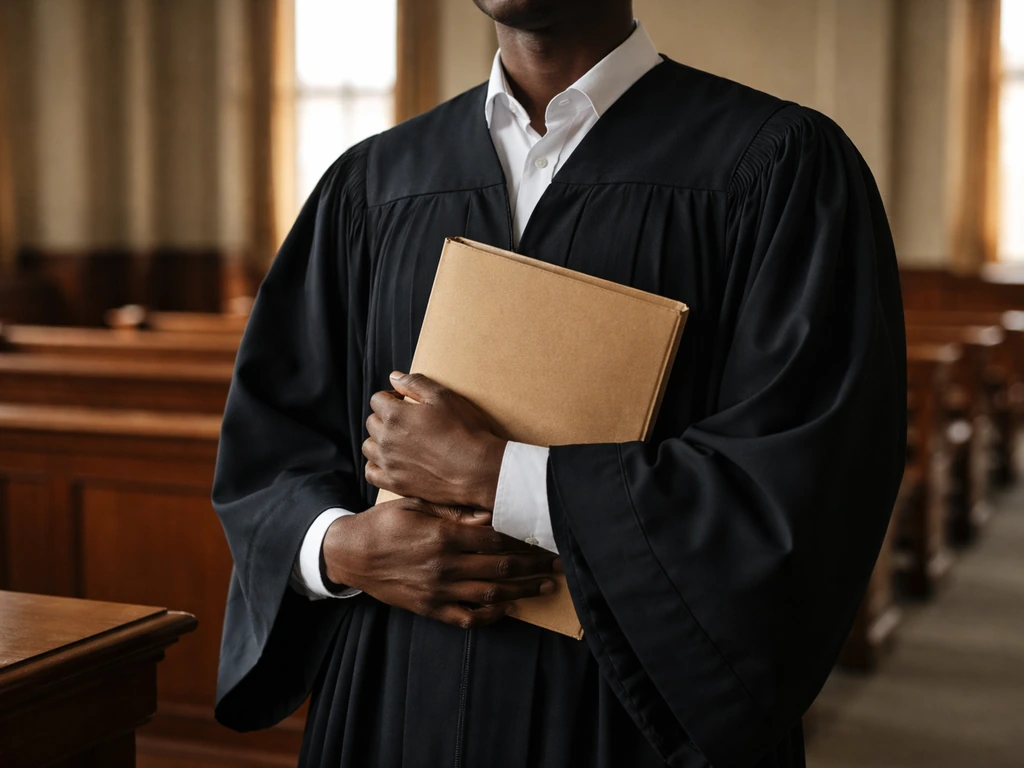 Anonymous jurist in a black robe inside a Kenyan courtroom, holding a folder, daylight through high windows.