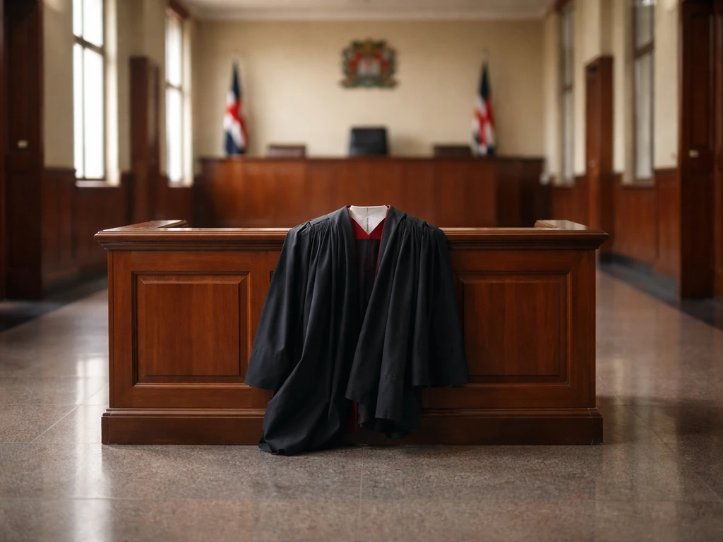 A Kenyan constitutional courthouse corridor with a single judge’s bench and flags in the background.