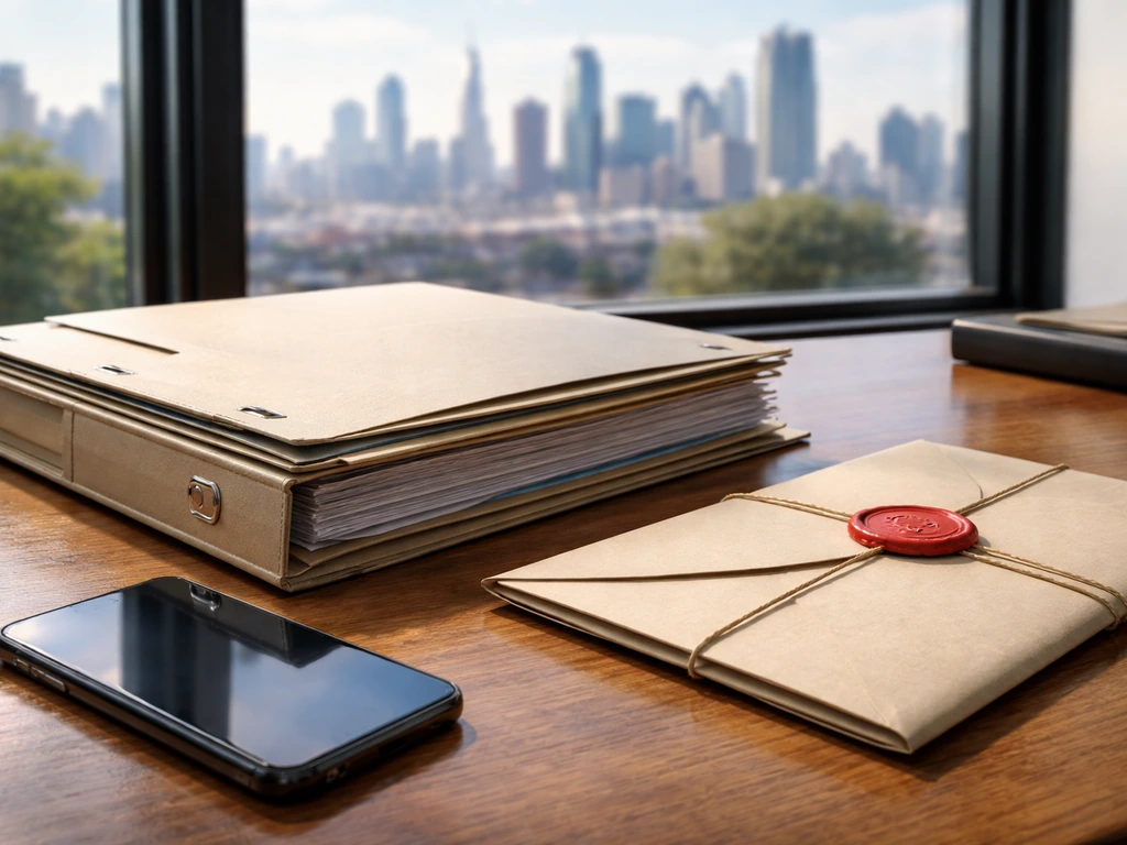 Close-up of corporate filing documents and a smartphone on a desk with a blurred city skyline.