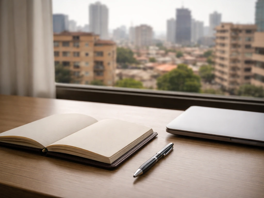 Minimal office desk scene with a notepad, pen, and blurred city skyline symbolizing comparing professional estimates