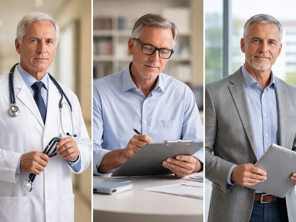 Three anonymous professionals in a simple office setting representing different Charles Crenshaw identities