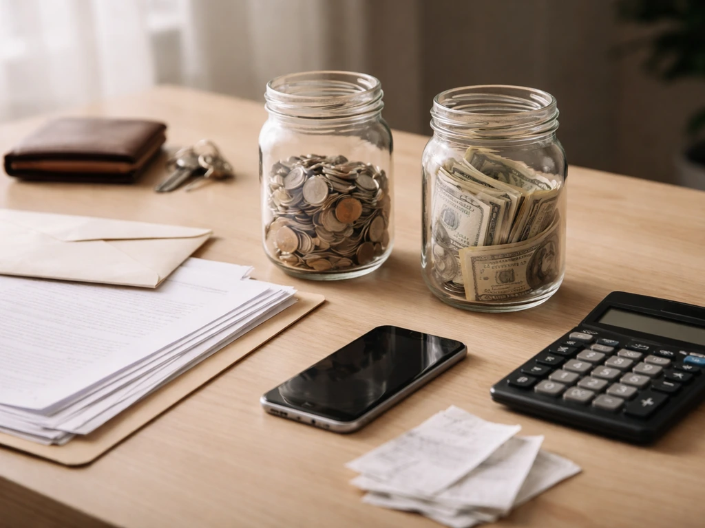 Calculator and financial documents on a desk with a simple assets vs liabilities feel
