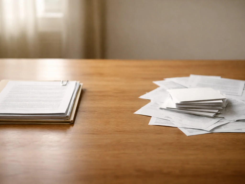Minimal desk scene with two stacks of papers, one clearly filed and one loosely scattered, symbolizing confirmed vs spec
