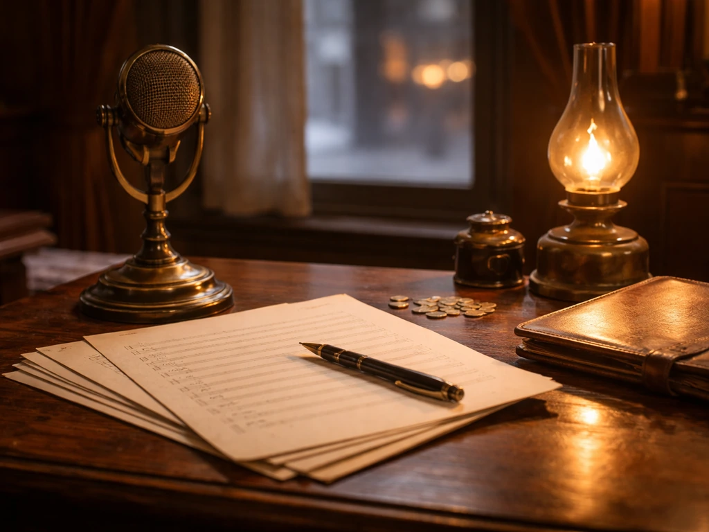Antique music publisher desk with vintage microphone, sheet music, coins, and warm city-window light.