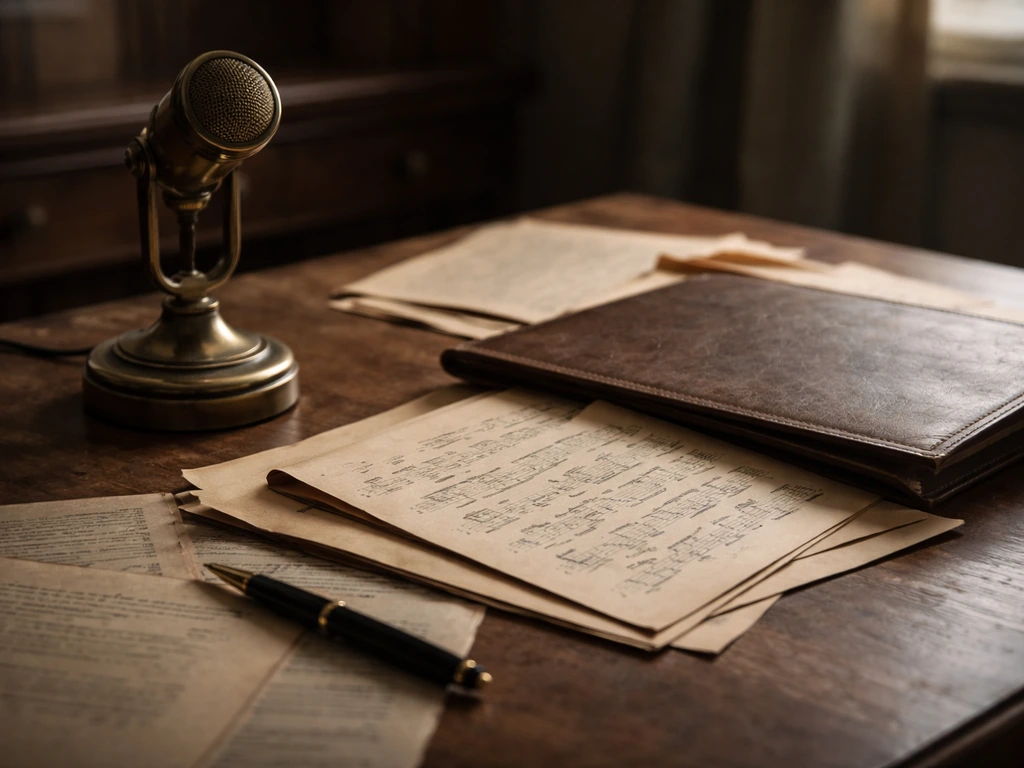 Vintage music-publishing desk with a brass microphone, aged papers, and handwritten music pages in warm sepia tones.