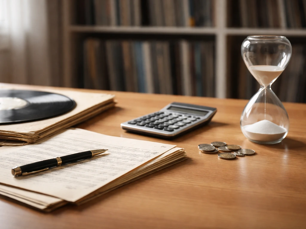 Desk with vinyl sleeve, calculator, pen, coins, and an hourglass suggesting legacy catalog valuation.