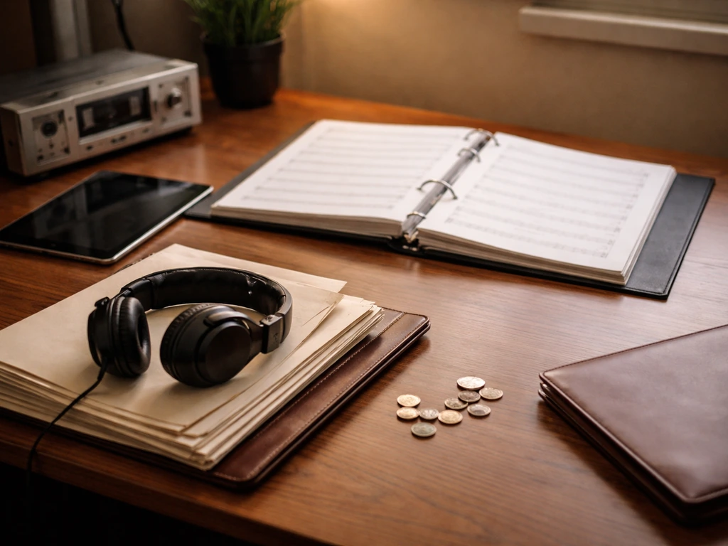 Minimal studio desk with music rights items—music sheets, headphones, folders, and coins—symbolizing royalty income.