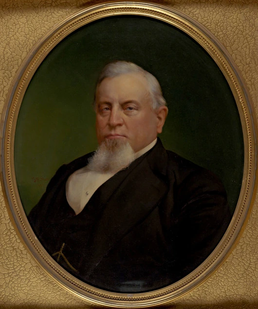 Portrait of Charles Crocker in a formal painted bust-length image, showing the 19th-century railroad tycoon in a dark su