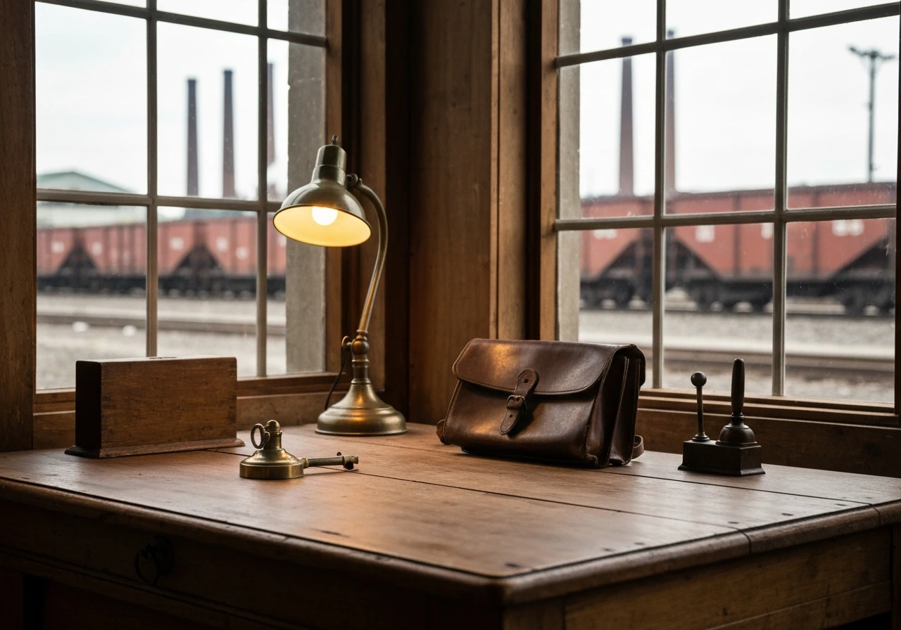 Vintage railroad office scene with a brass telegraph key and freight yard view through a window