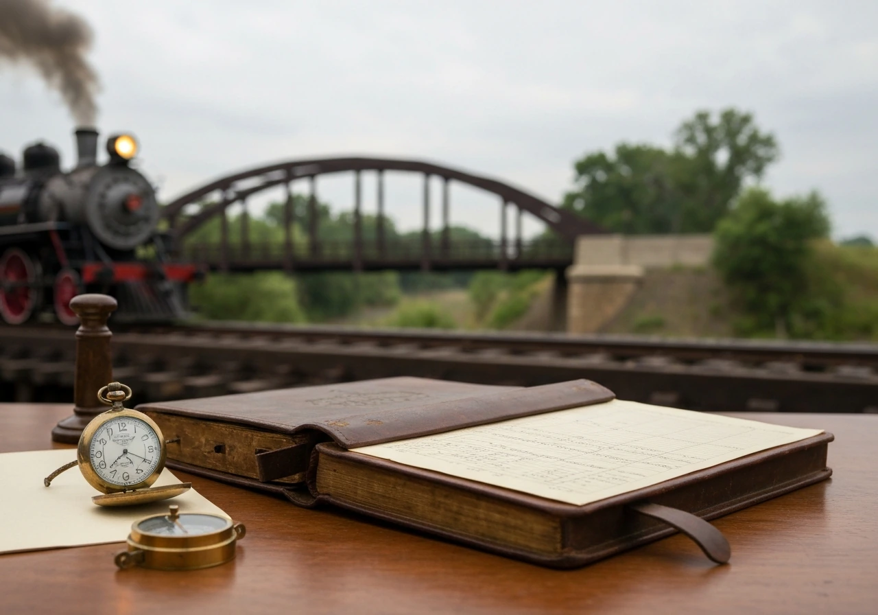 Open railroad ledger with brass watch on a wooden desk, steam locomotive blurred in the background