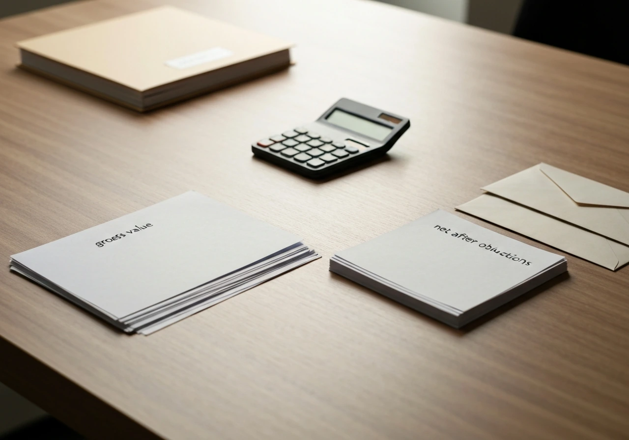 Open folder with ledger paper, a calculator, and two envelopes suggesting gross vs net after deductions