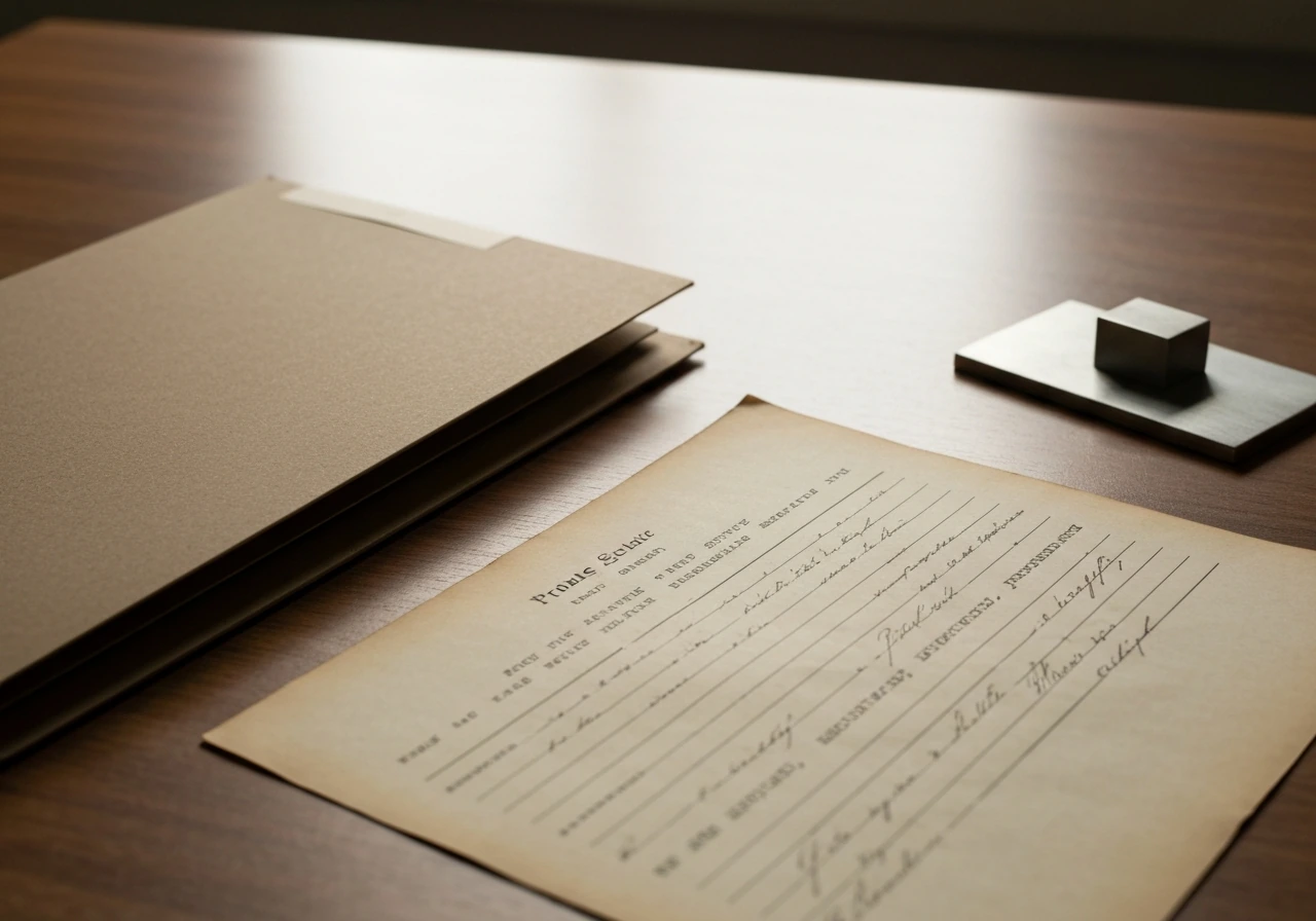 Close-up of an old probate/estate record on a desk with archive folders and natural light.