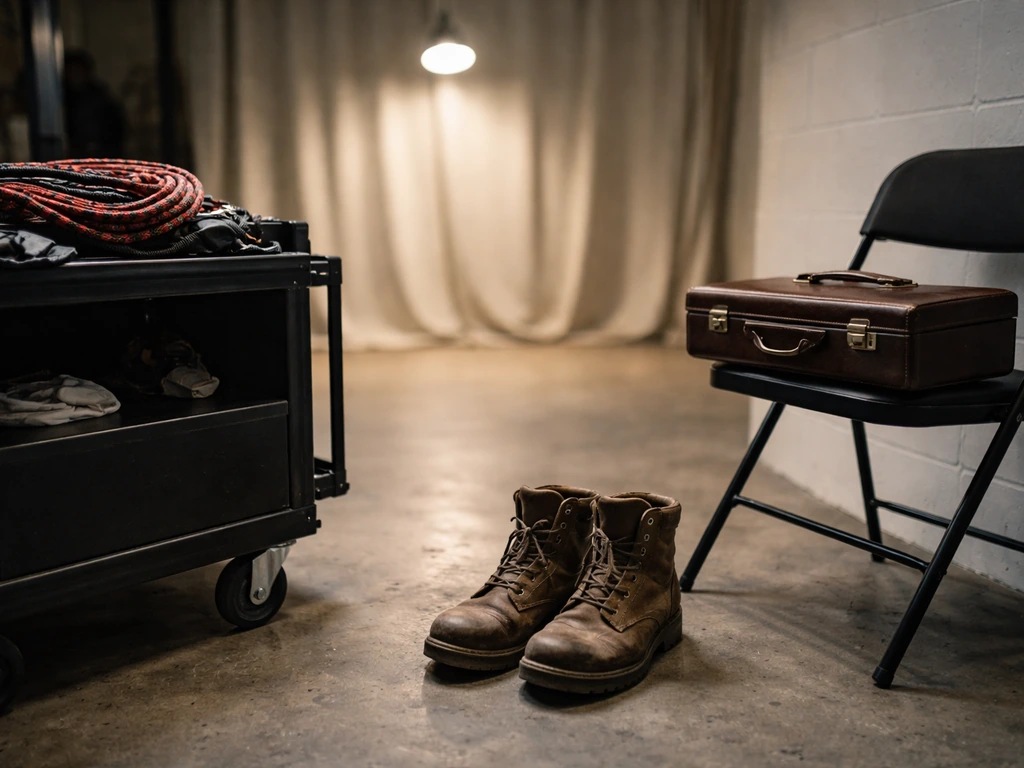 Minimal film studio scene with safety rope, work boots, and a closed leather briefcase.