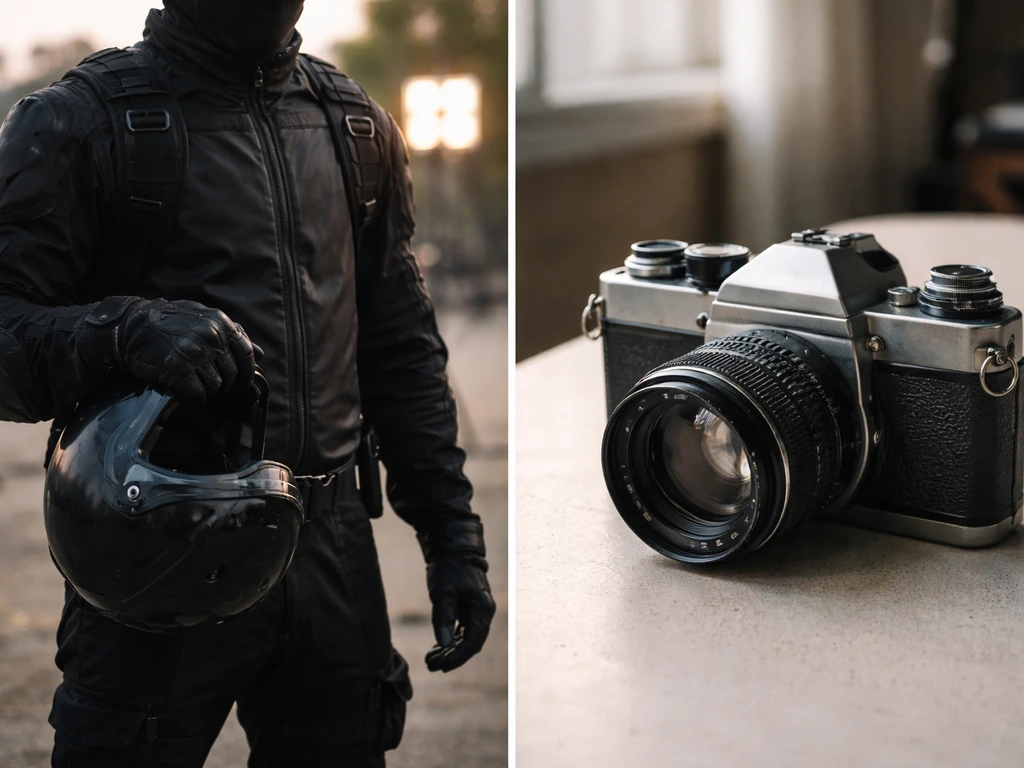 Two film-themed stills side-by-side: anonymous stunt performer with gear and a close-up of an old film camera.