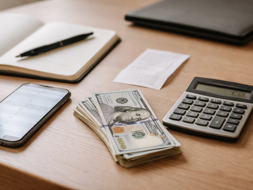 Calculator, stacked US dollars, and a smartphone on a simple desk symbolizing transaction-to-USD estimation.