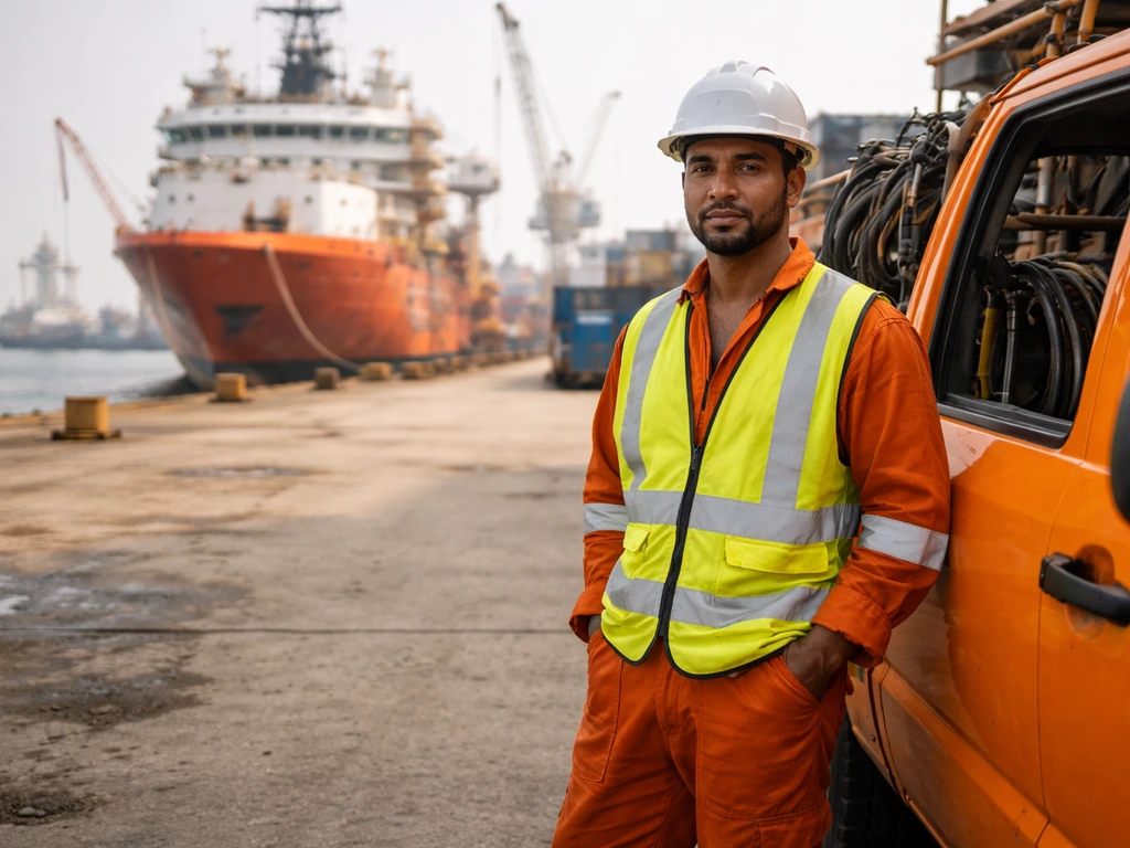 Oil servicing company scene with a technician near an offshore support vessel under bright daylight.