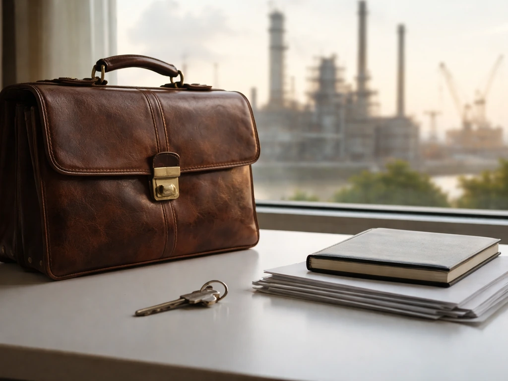 Leather briefcase with keys on a desk, with a blurred refinery in the background to suggest business assets.
