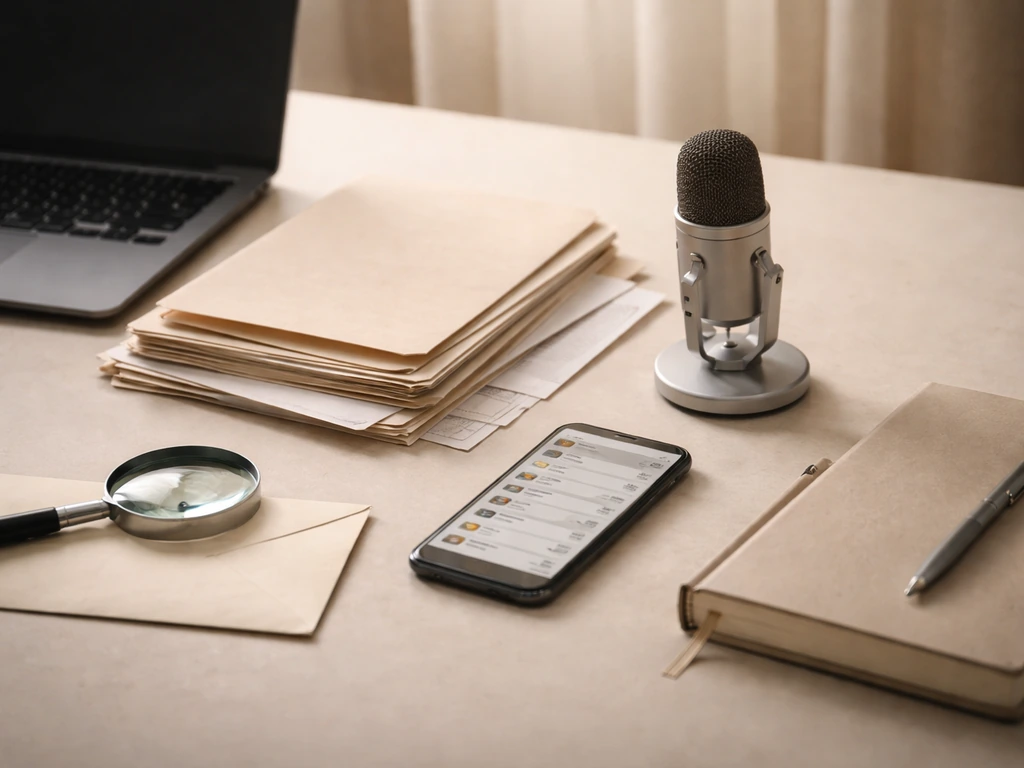 Minimal desk scene showing media creator verification and wealth-estimate symbolism with documents and a smartphone