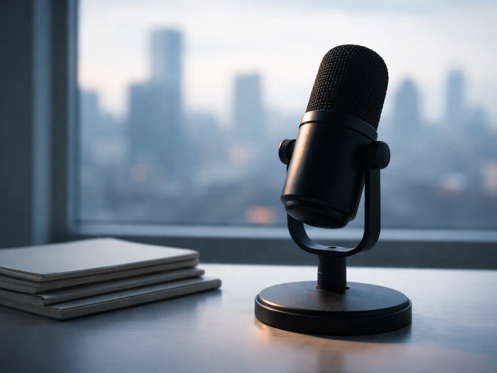 Close-up of a studio microphone beside a blurred city skyline, suggesting media analysis and confidence uncertainty.
