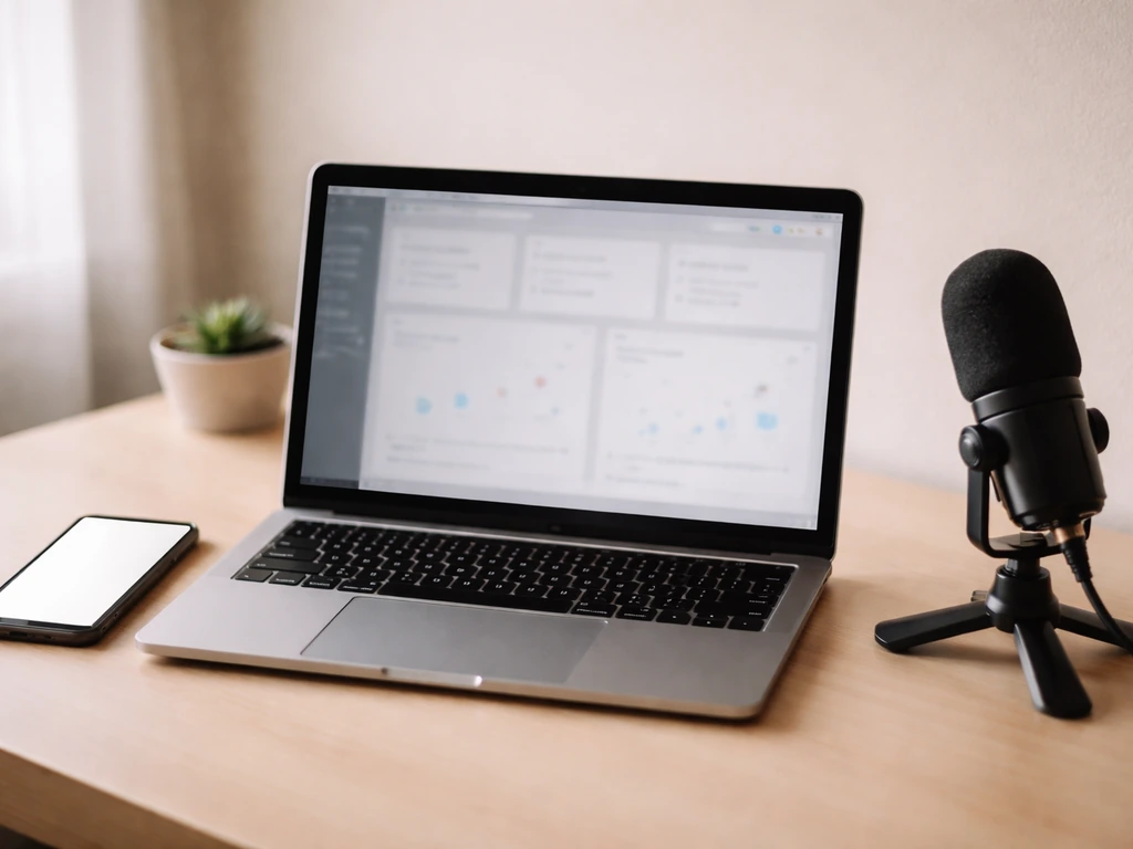 Minimal view of a laptop showing blurred analytics panels with a creator desk vibe, symbolic earnings range.
