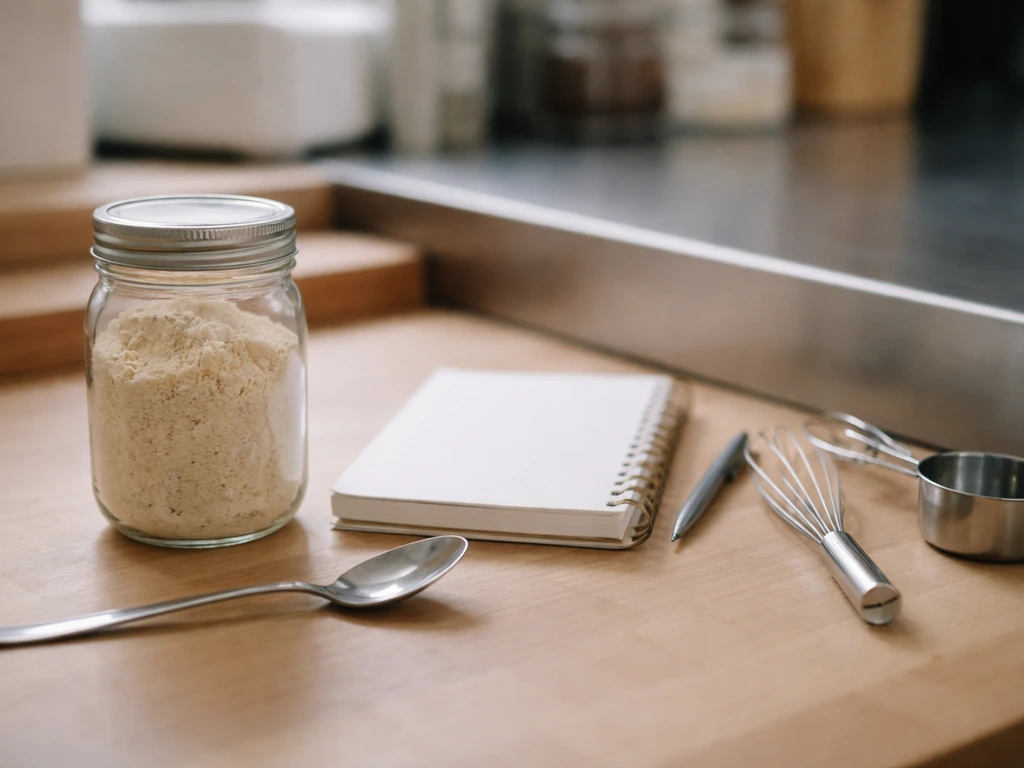 Minimal photo of a wooden desk with branded-style food R&D materials and a small jar of confection ingredients