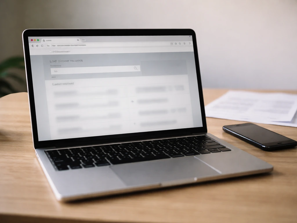 Minimal desk scene with laptop showing a generic legal-records search page and unreadable placeholders.