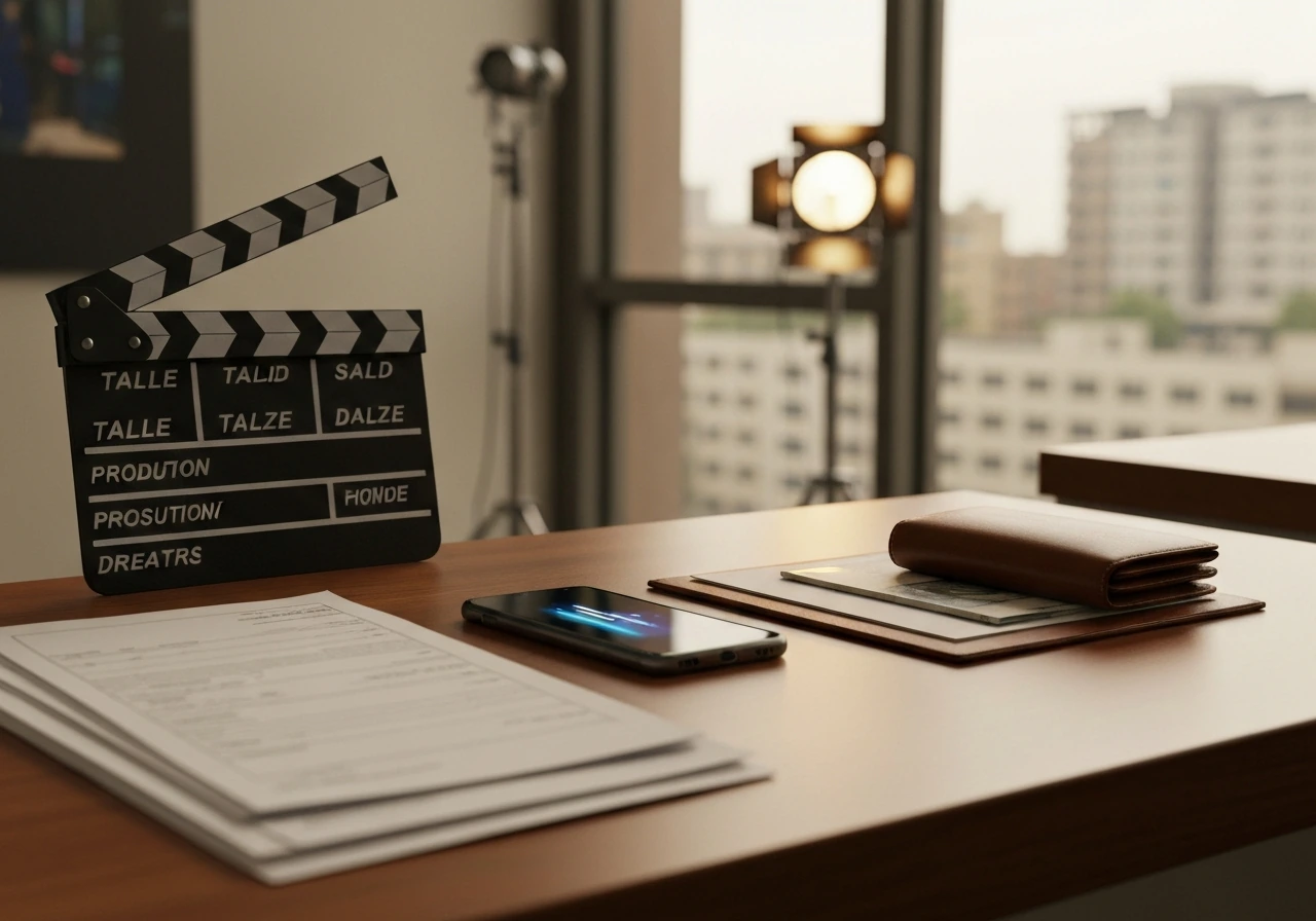 Film production desk with clapboard, blank paperwork, and a smartphone suggesting wealth research.