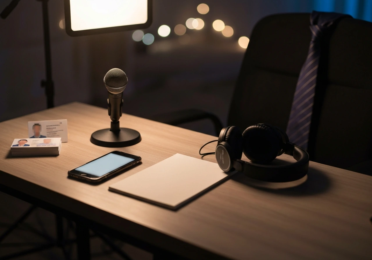 A quiet TV/film production studio desk setup symbolizing identifying a specific public figure