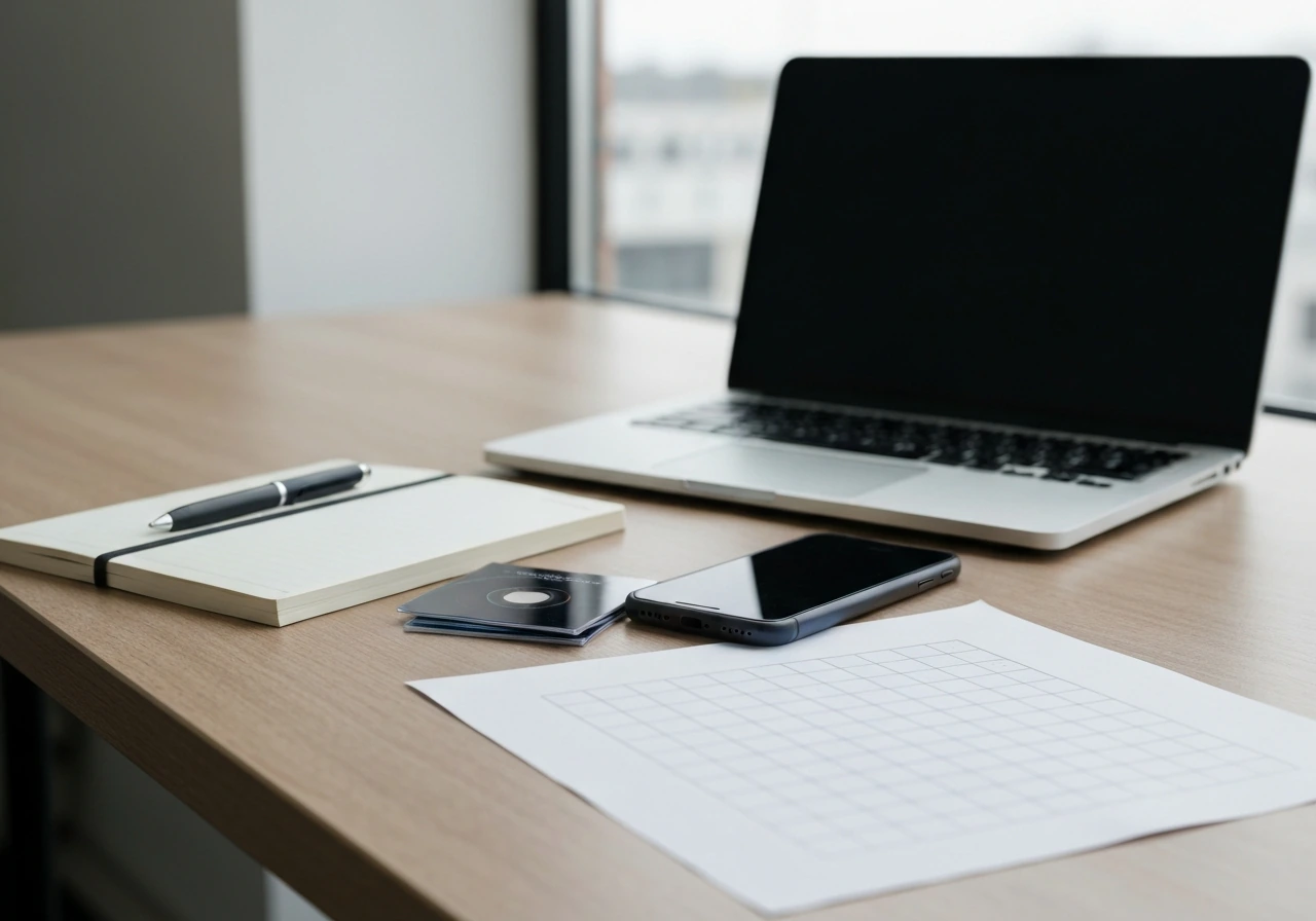 Minimal office desk with a laptop and symbolic grid paper suggesting a verification table snapshot.